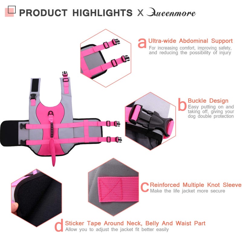 Queenmore Dog Life Jacket Ripstop Shark Dog Safety Vest Adjustable Preserver with High Buoyancy and Durable Rescue Handle for Small,Medium,Large Dogs, Pink Shark X-Small - Image 5